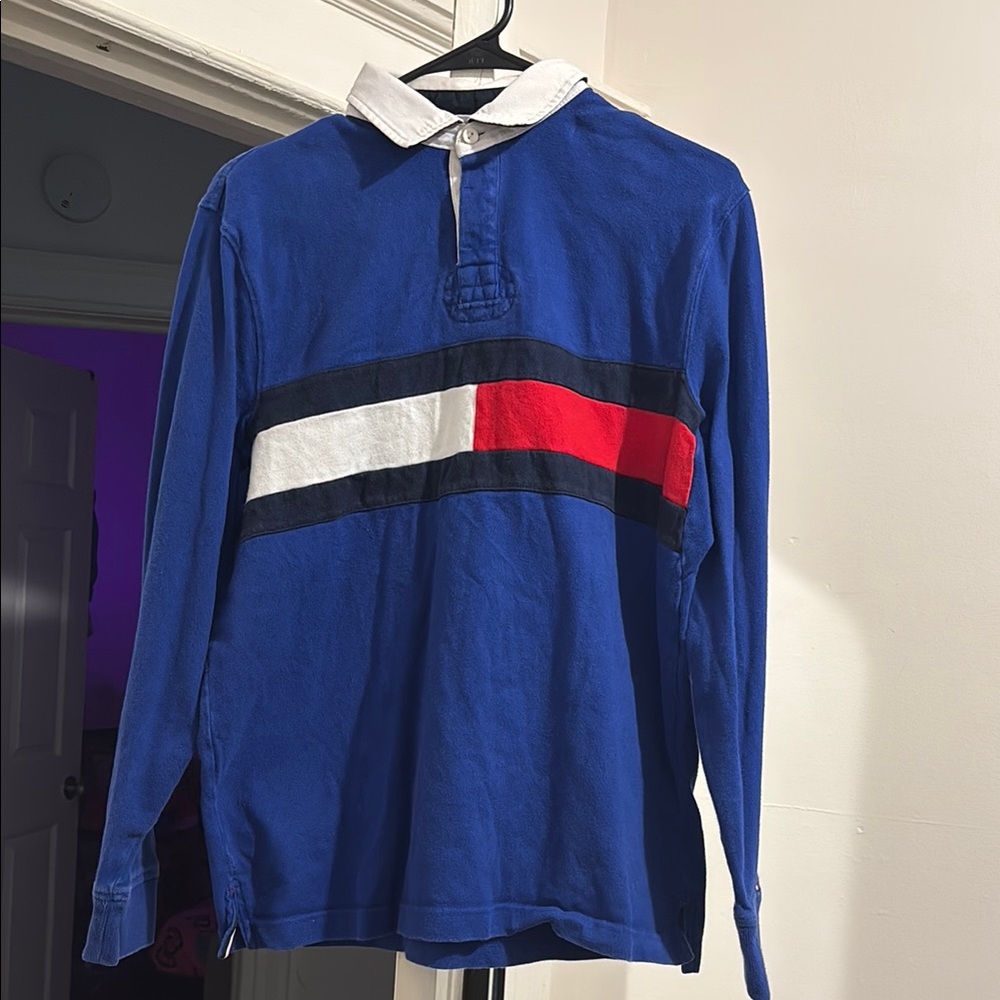 Blue Long Sleeve Polo with Red and White Stripe
